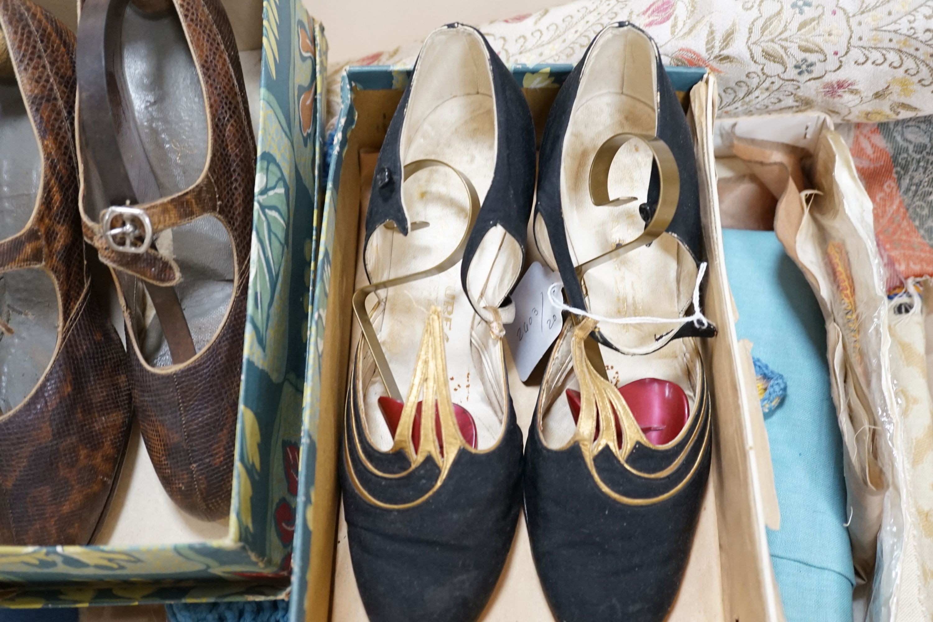 A quantity of mixed woolworks, embroideries and 2 pairs of 1930's lady's shoes